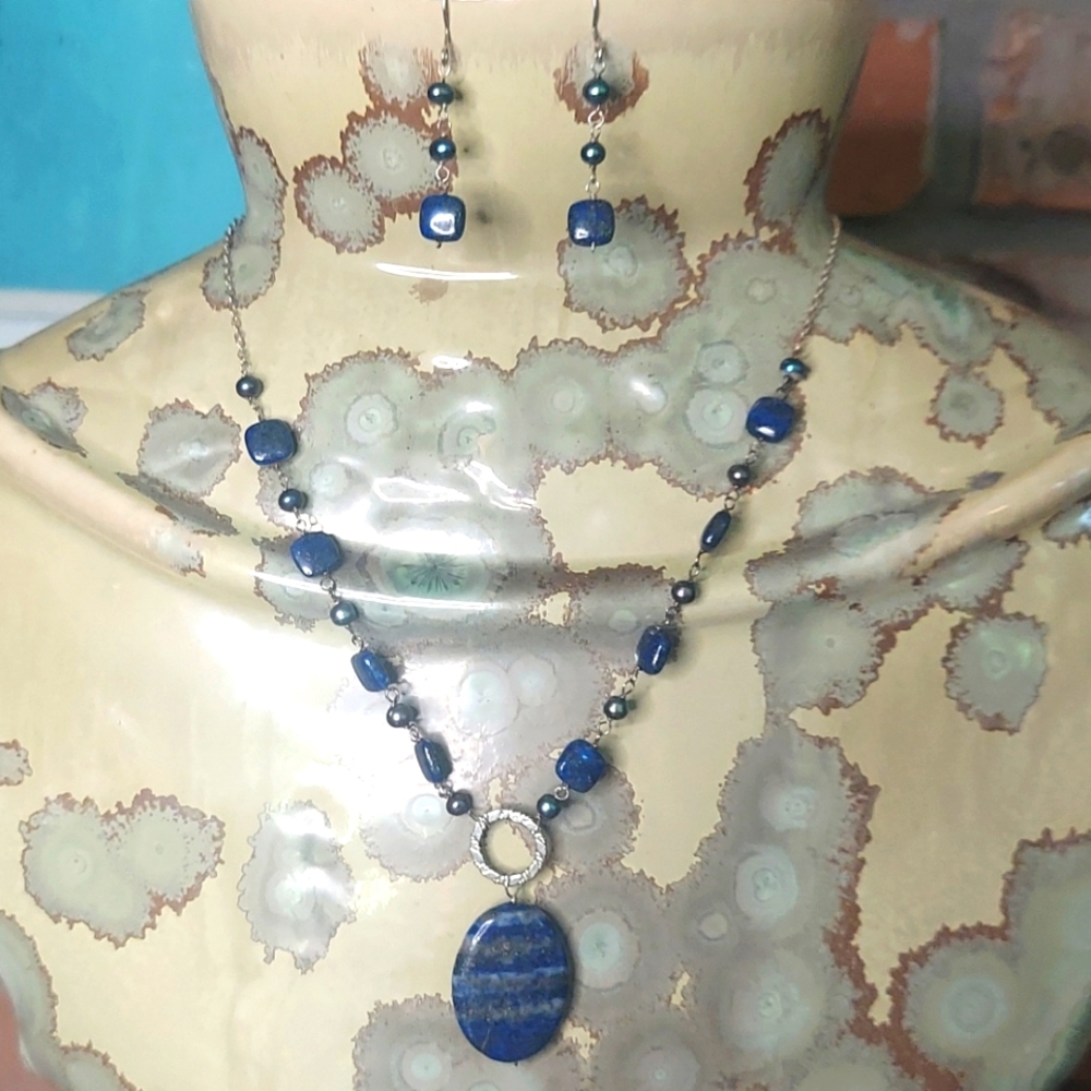 Set-Lapis /925/blue pearl neck/ earrings/bracelet
